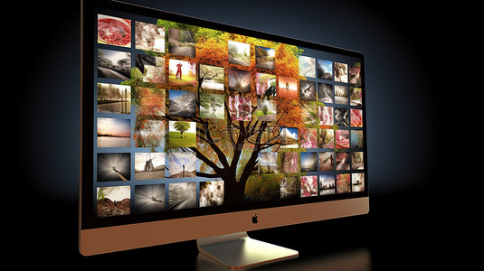 3d 电脑屏幕上树木和旅游图标的背景