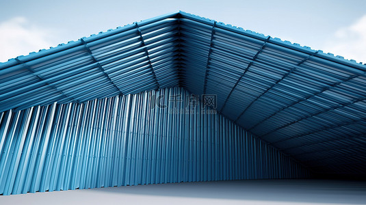 蓝色铁皮背景图片_仓库的铝制立面，带有波纹铁皮天篷和蓝色屋顶 3D 渲染