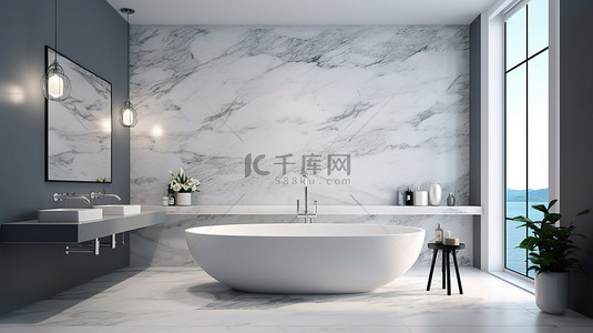 时尚卫生间背景图片_华丽时尚的浴室室内设计，配有抽象墙壁和大理石瓷砖 3D 渲染
