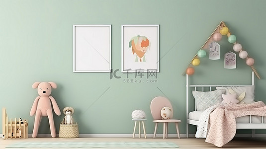 植物装饰海报背景图片_斯堪的纳维亚风格的儿童卧室，配有绿色墙壁和 3D 渲染的模拟海报框架