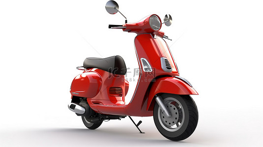 白色背景下城市环境中一辆时尚红色轻便摩托车的 3D 插图