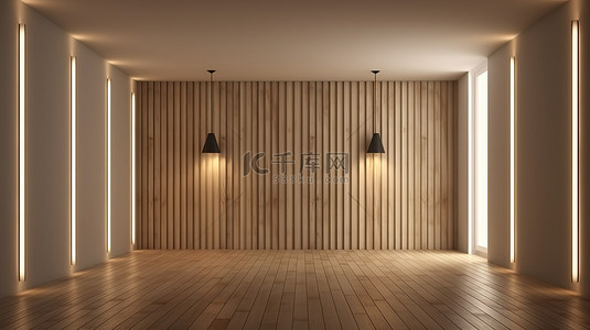 现代走廊设计，在宽敞的空房间 3D 渲染中的墙壁上采用木质装饰