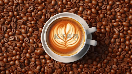 通过 3D 渲染呈现的平躺场景中的一杯热气腾腾的咖啡和散落的逼真咖啡豆