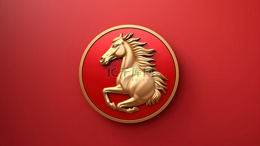 马徽 3D 渲染社交媒体图标，红色和哑光金盘上有一匹雄伟的马