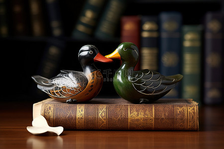 英雄雕像背景图片_两个小鸭子雕像坐在书籍和东方装饰品上