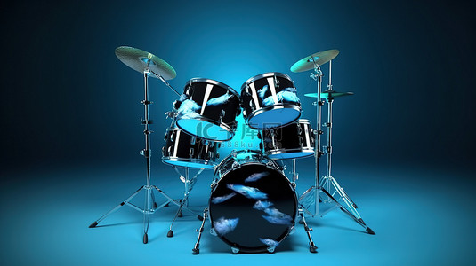 蓝色背景上的 3D 渲染黑色摇滚鼓套件，用于专业表演