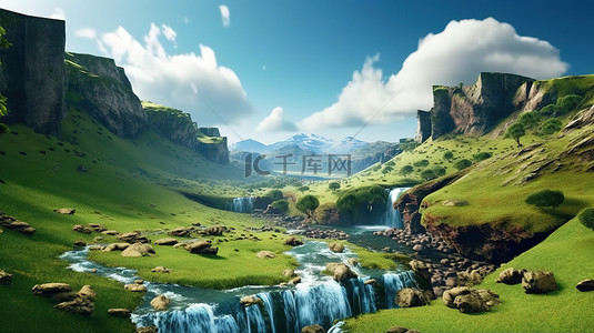 背景层背景图片_雄伟山谷的 3D 插图，蓝天下有层叠的瀑布和湍急的急流，树木和石头