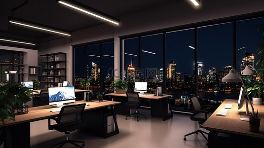 夜间办公场景 3D 渲染时尚的联合办公空间，配有双笔记本电脑模型