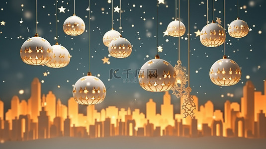冬天云背景图片_3d 渲染圣诞快乐装饰闪闪发光的球雪星星和云