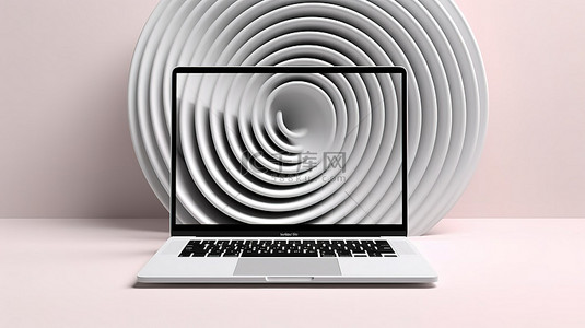 圆形图案背景上白色笔记本电脑模板的 3D 渲染