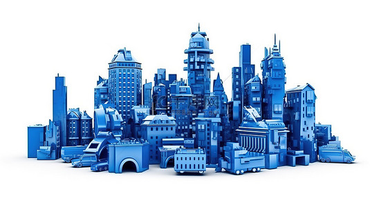 白色背景上蓝色大城市交叉的 3d 渲染