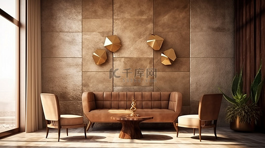 宁静的酒店休息室的 3D 渲染，配有青铜隔断石内饰和豪华座椅布置