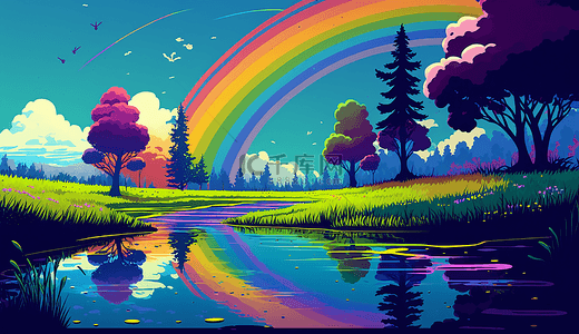 草地天空彩虹插图背景