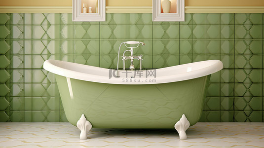 浴背景图片_浴室特写 3D 渲染中带有橄榄绿几何瓷砖的简约白色浴缸