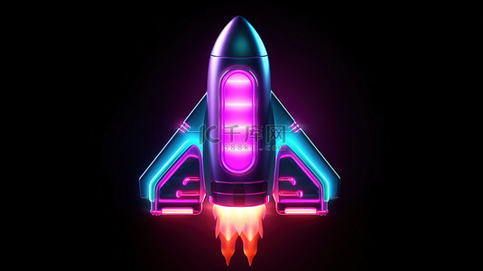 霓虹灯太空火箭图标的暗发光符号 3D 渲染 ui ux 界面元素
