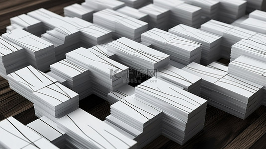黑色木质背景上堆叠的白色名片，3D 渲染顶视图