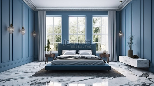 奢华酒店房间背景图片_大理石在令人惊叹的蓝色卧室 3D 渲染中注入了现代奢华