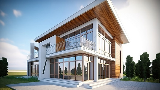 现代住宅建筑精美的 3D 渲染外观设计