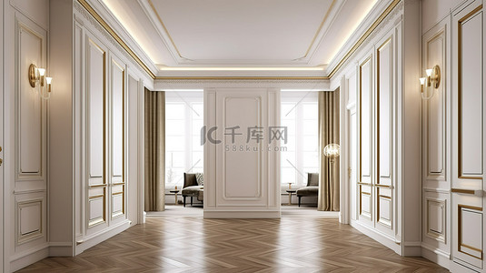 滑动衣柜背景图片_优雅的走廊，白色的墙壁和金色框架的内置滑动衣柜以 3D 渲染