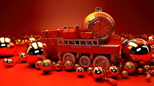 喜庆红色圣诞背景下新年装饰品的 3d 渲染