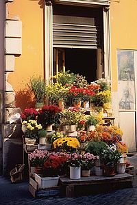 欧洲背景图片_人和物品是一家街边的小花店