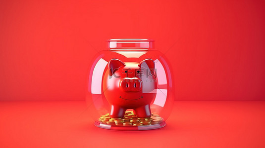 大型玻璃存钱罐的 3D 渲染，里面有硬币，象征着鲜艳的红色背景上的储蓄或银行存款