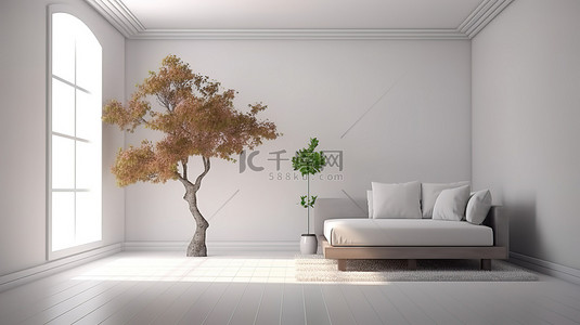 简约的客厅，背景为白色墙壁 3d 渲染
