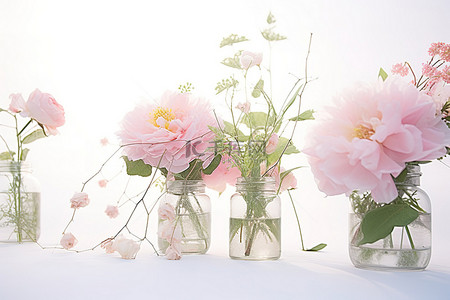 白色的花朵背景图片_白色背景玻璃瓶中的花朵