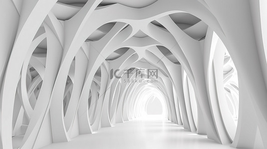 单色白色建筑拱门，抽象背景 3D 渲染上带有时尚丝带图案