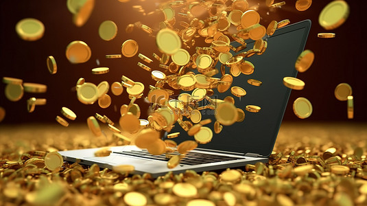 在 3D 插图中，一连串金币从笔记本电脑屏幕中倾泻而出