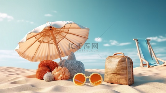 海滩主题暑假背景与配件的 3D 渲染