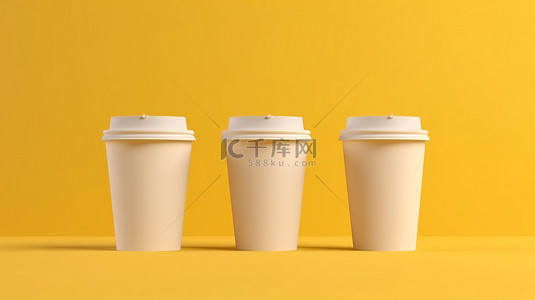 纸杯展示背景图片_黄色背景展示了三个带盖白色纸杯的 3D 渲染