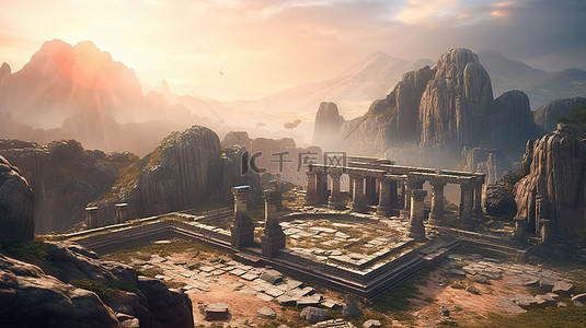 古老文明背景图片_雄伟的山腰寺庙，古代文明遗迹的令人惊叹的全景 3D 插图