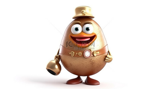 卡通鸡蛋背景图片_白色背景上带有棕色鸡蛋吉祥物字符的酒店服务铃声的 3D 渲染