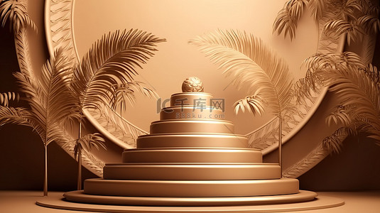 品牌推广方案背景图片_几何工作室，配有 3D 金色讲台和抽象棕榈树叶，可增强品牌推广