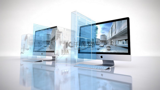计算机用户背景图片_显示前端网站界面的计算机屏幕的 3D 渲染