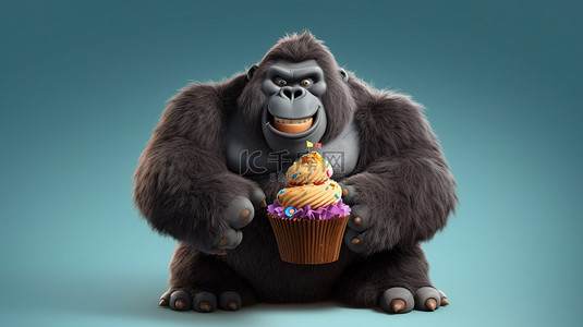 搞笑的三维大猩猩，胖乎乎的身材，手里拿着美味的纸杯蛋糕