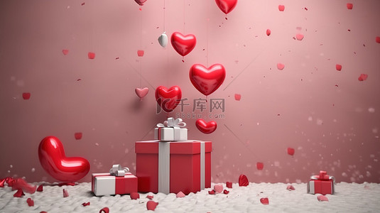 520中秋情人节框背景图片_空气中的爱 3D 渲染了情人节那天漂浮在墙上的心形礼品盒的插图