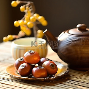 水果茶壶背景图片_前面放着一个茶壶和一碗水果