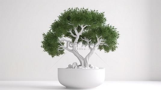 孤立的白色背景，具有种植在白盆中的绿树的 3d 渲染