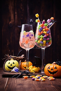 一个女巫背景图片_两个玻璃杯，展示了两个装有糖果的玻璃杯一个女巫和一个南瓜灯