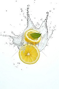 水滴溅水背景图片_柠檬从白色表面的温水中掉落