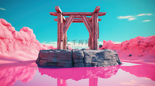 蓝色背景下粉色石头和木水井的双色调风格 3D 渲染