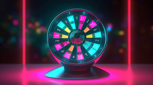 背景优惠券背景图片_3D 轮盘赌轮，具有逼真的细节和充满活力的霓虹灯背景上的免费旋转优惠券，呈现完美