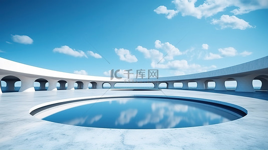 阳光明媚的混凝土停车场，带游泳池和 3D 渲染中的抽象建筑