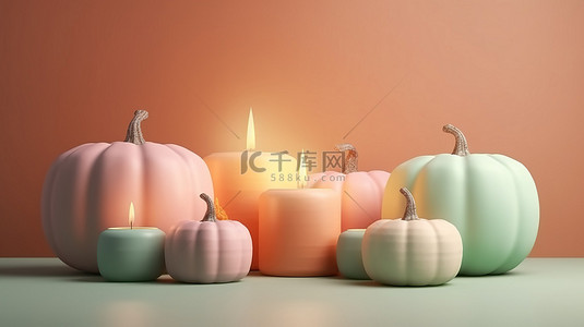 柔和的彩色背景与 3d 渲染南瓜和蜡烛