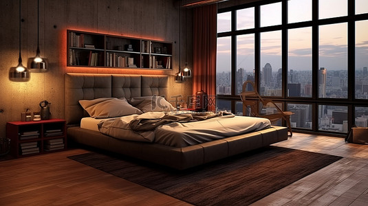 时尚深色背景背景图片_3D 渲染的时尚深色卧室