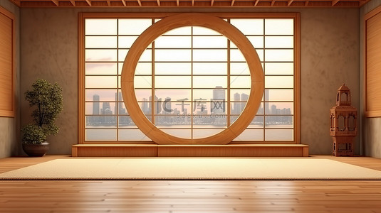 放松放松背景图片_现代亚洲风格的内饰，配有圆形窗户和木制元素，包括榻榻米垫和日式设计 3D 渲染