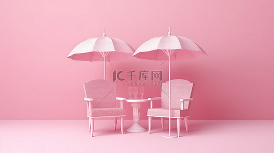 假期旅游海报背景图片_优雅的粉红色座椅和遮阳伞，柔和的背景 3D 渲染图像