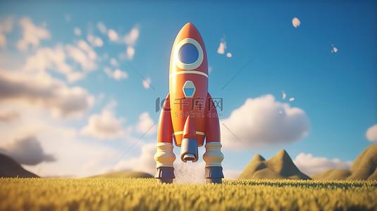 卡通火箭发射 3D 渲染的概念设计